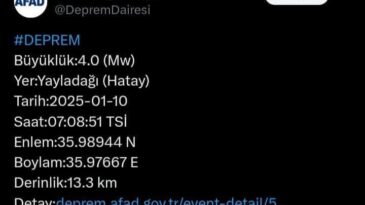 Hatay’da 4.0 şiddetinde deprem meydana geldi