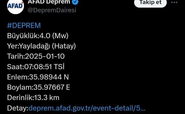 Hatay’da 4.0 şiddetinde deprem meydana geldi